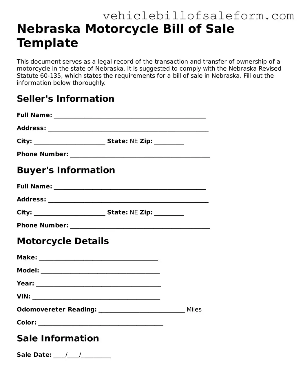 Printable  Motorcycle Bill of Sale Template for Nebraska