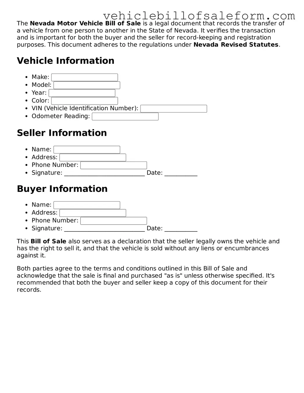 Printable  Motor Vehicle Bill of Sale Template for Nevada
