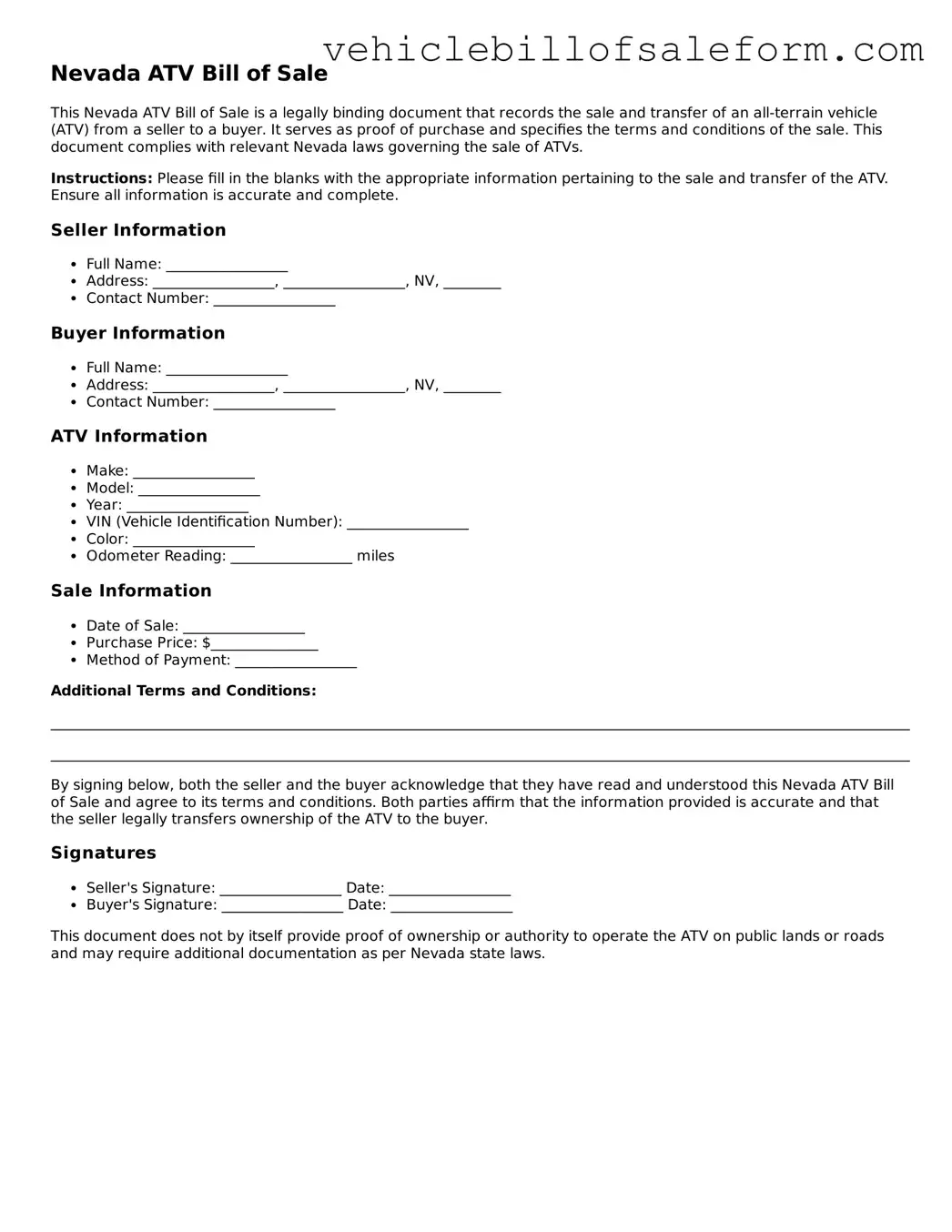 Printable  ATV Bill of Sale Template for Nevada