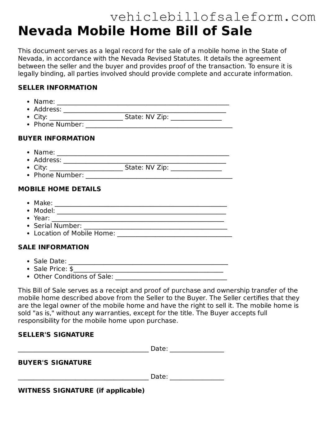 Printable  Mobile Home Bill of Sale Template for Nevada