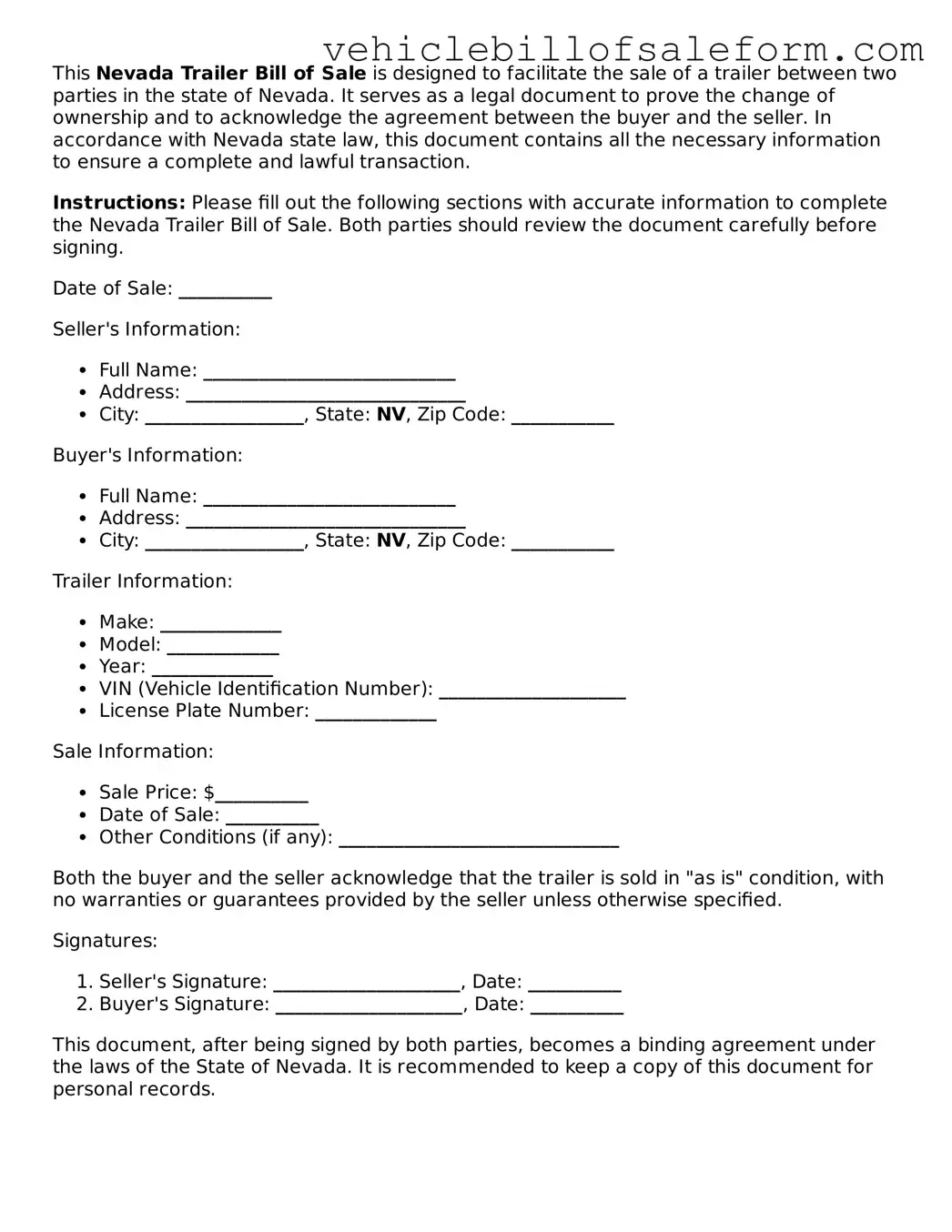 Printable  Trailer Bill of Sale Template for Nevada