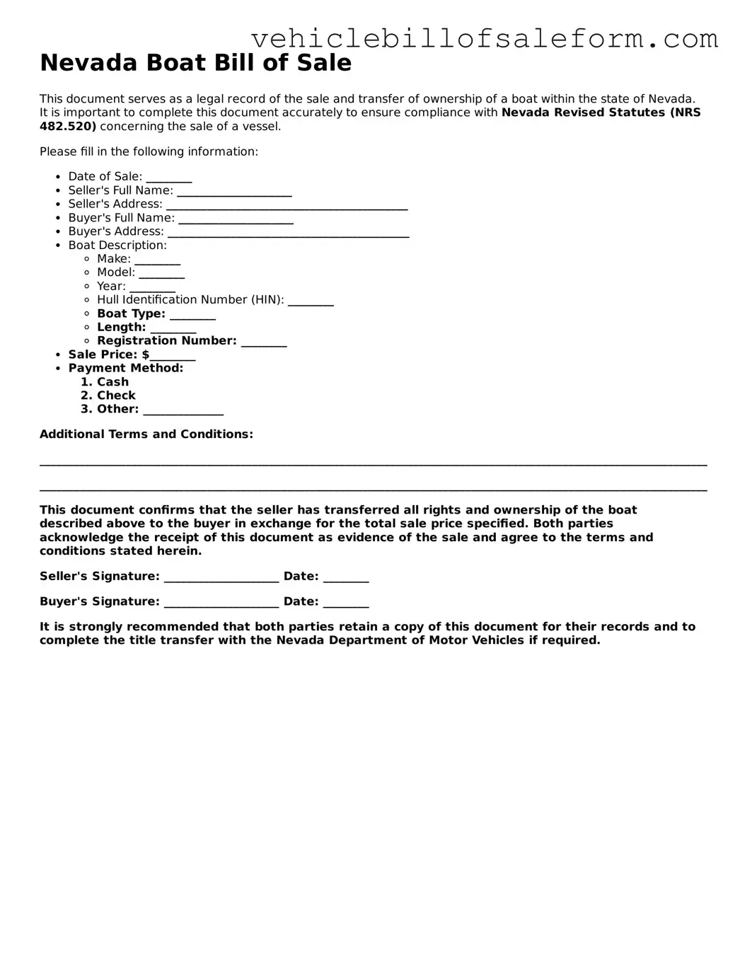 Printable  Boat Bill of Sale Template for Nevada