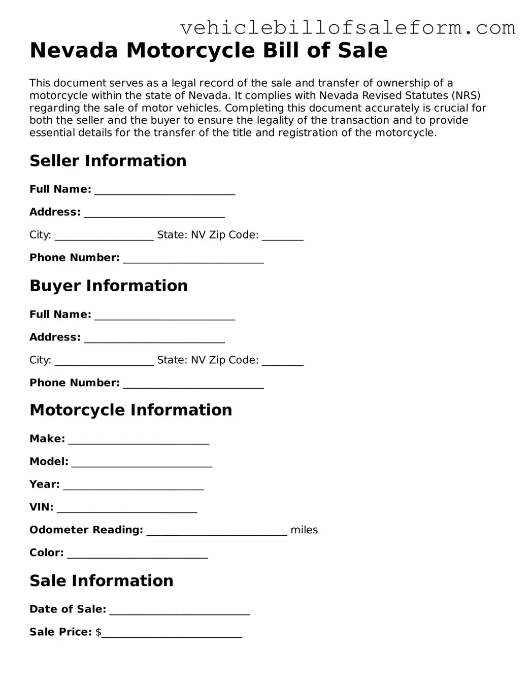 Printable  Motorcycle Bill of Sale Template for Nevada
