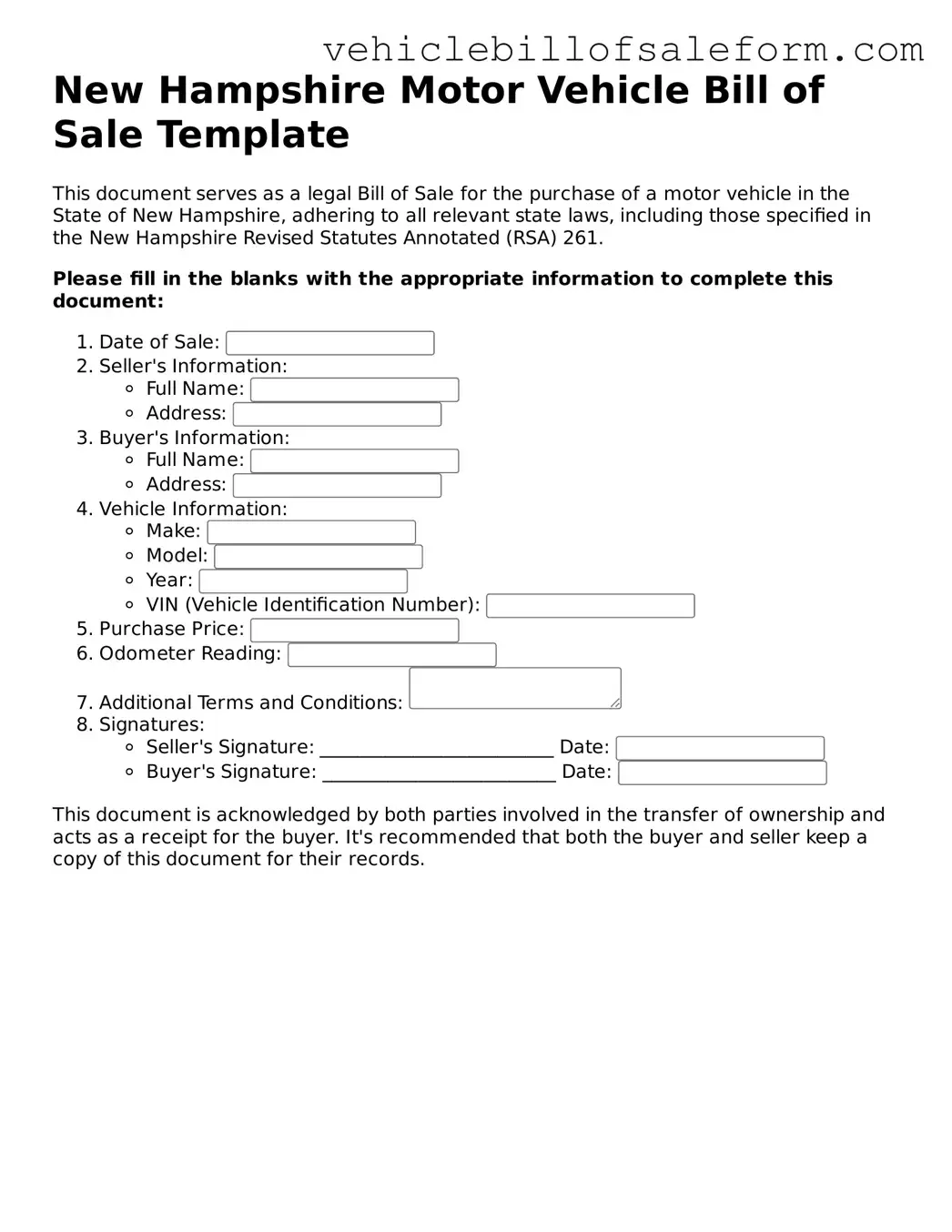 Printable  Motor Vehicle Bill of Sale Template for New Hampshire