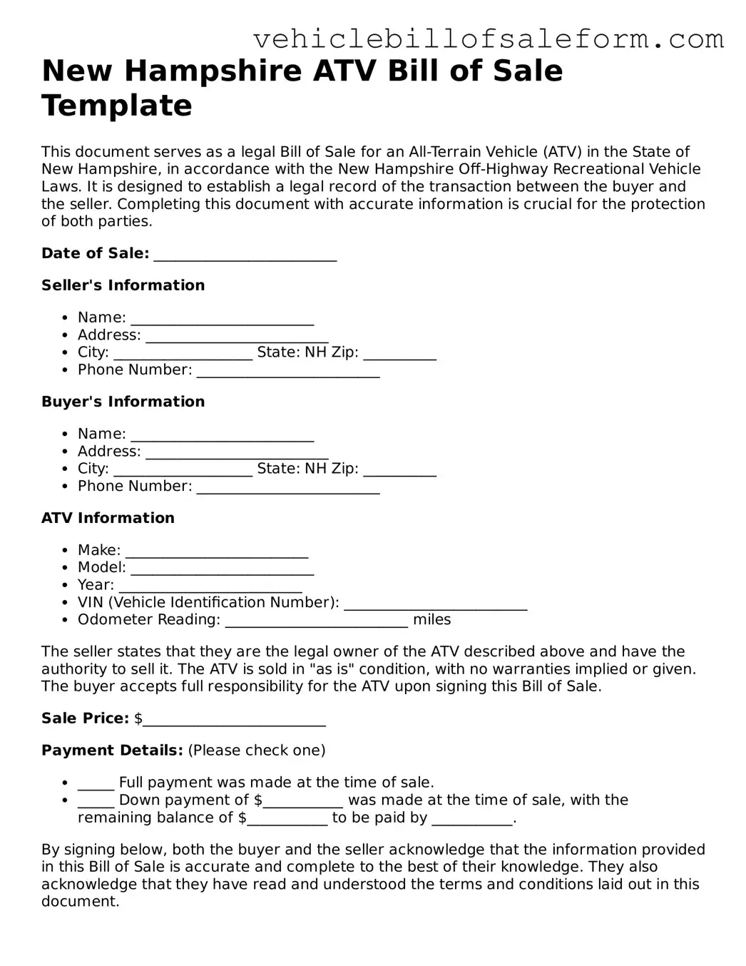 Printable  ATV Bill of Sale Template for New Hampshire