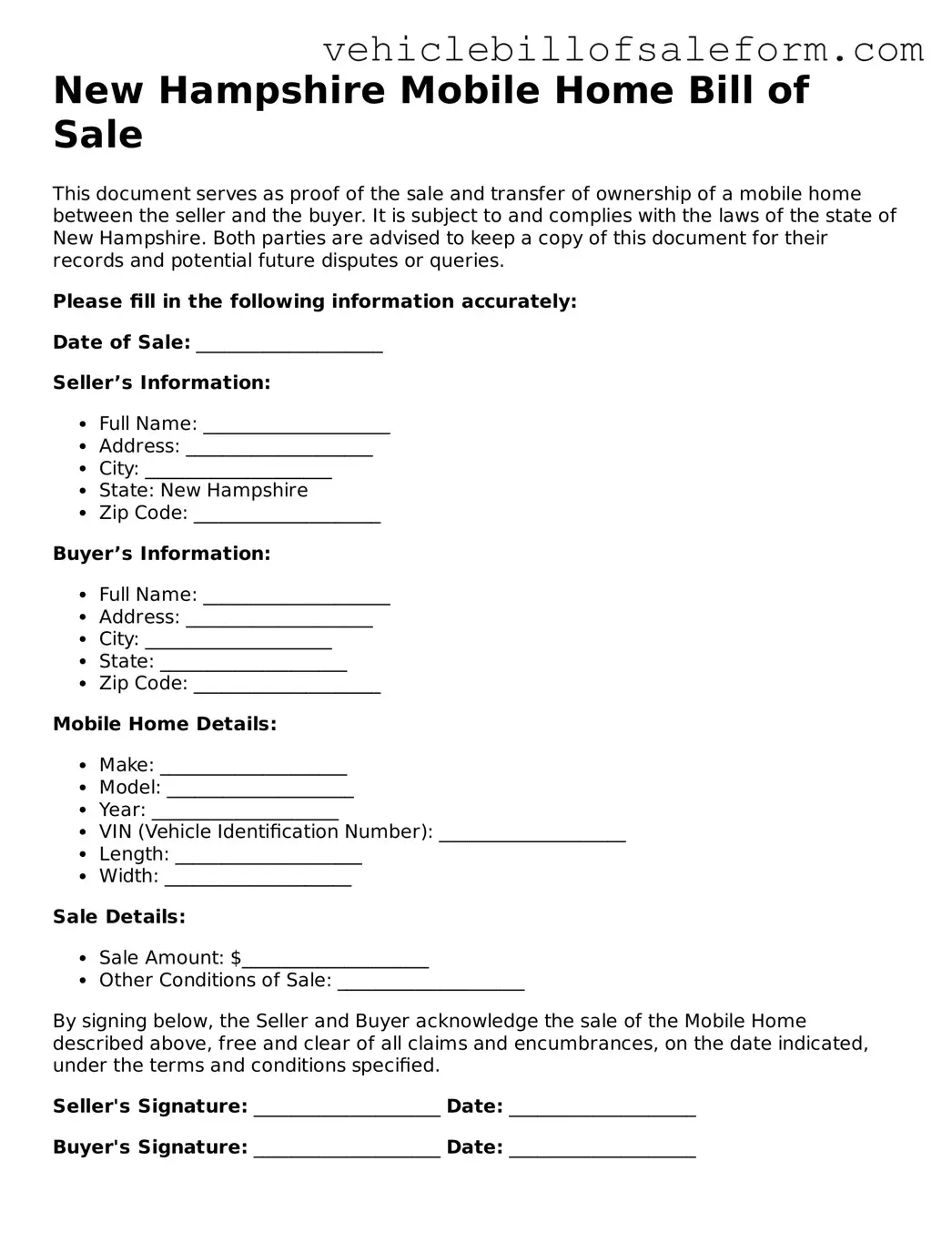 Printable  Mobile Home Bill of Sale Template for New Hampshire