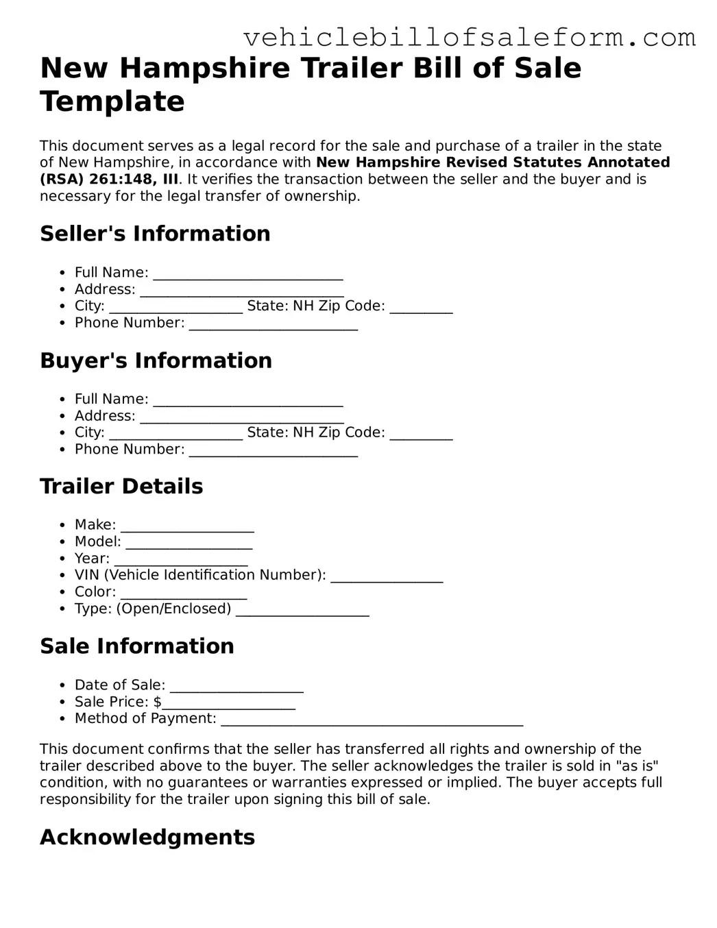 Printable  Trailer Bill of Sale Template for New Hampshire