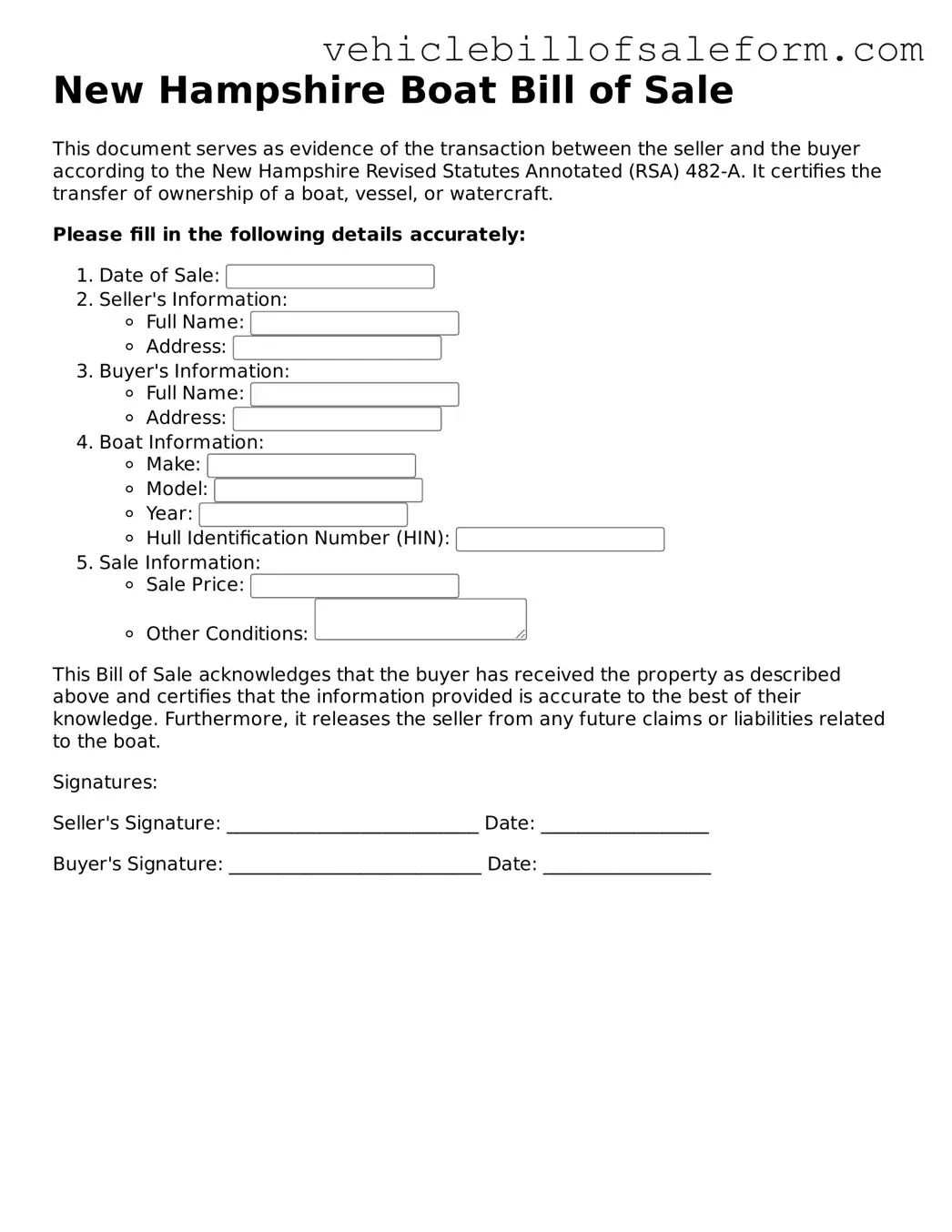 Printable  Boat Bill of Sale Template for New Hampshire