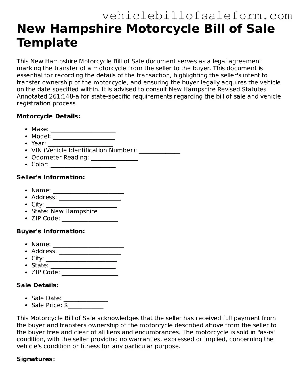 Printable  Motorcycle Bill of Sale Template for New Hampshire