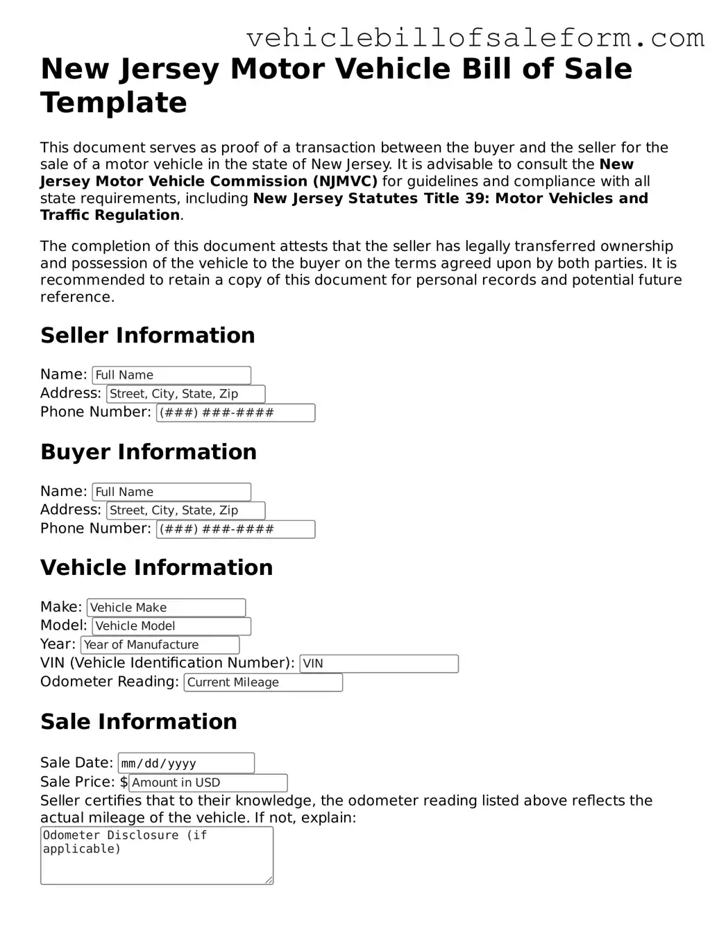 Printable  Motor Vehicle Bill of Sale Template for New Jersey
