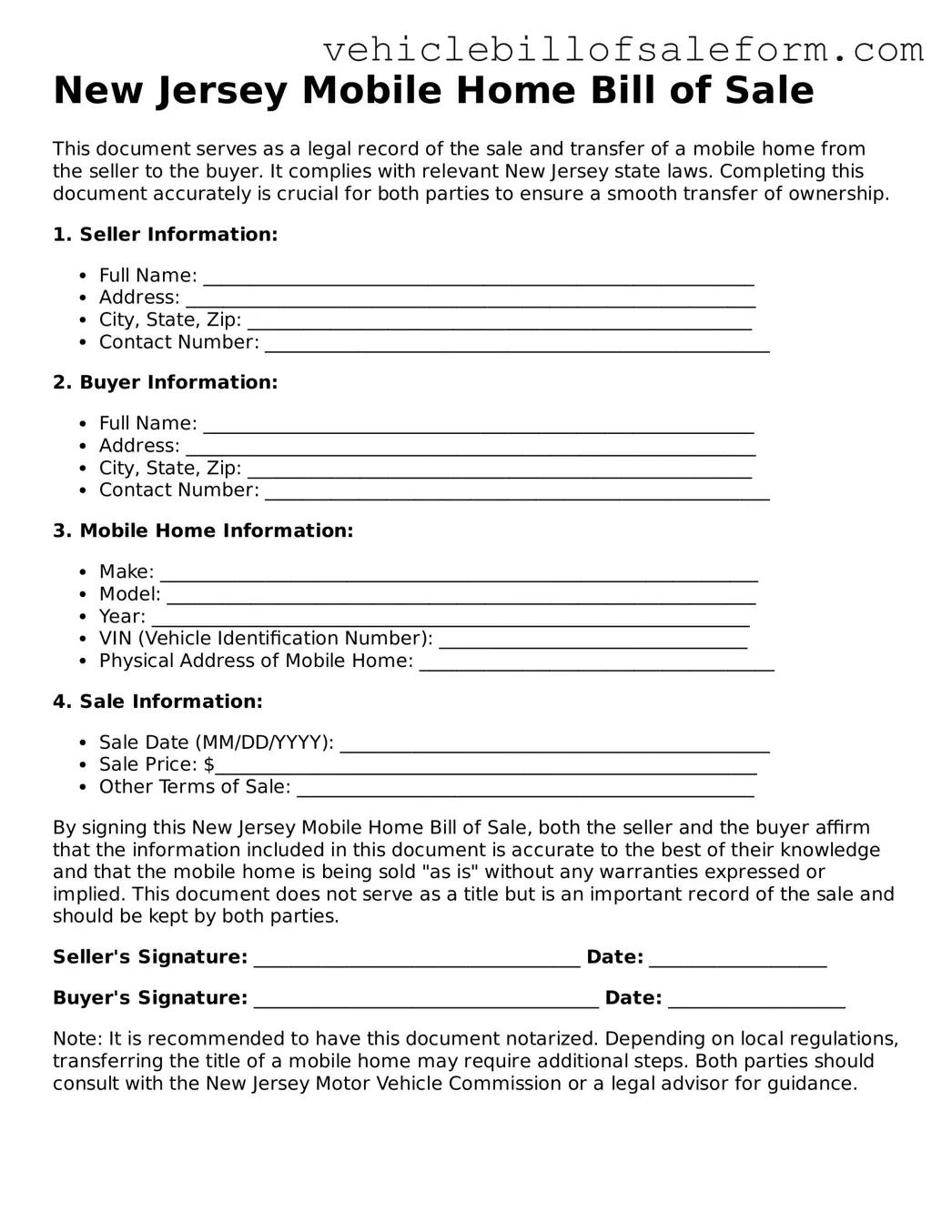 Printable  Mobile Home Bill of Sale Template for New Jersey