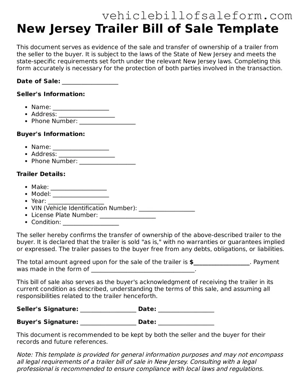 Printable  Trailer Bill of Sale Template for New Jersey