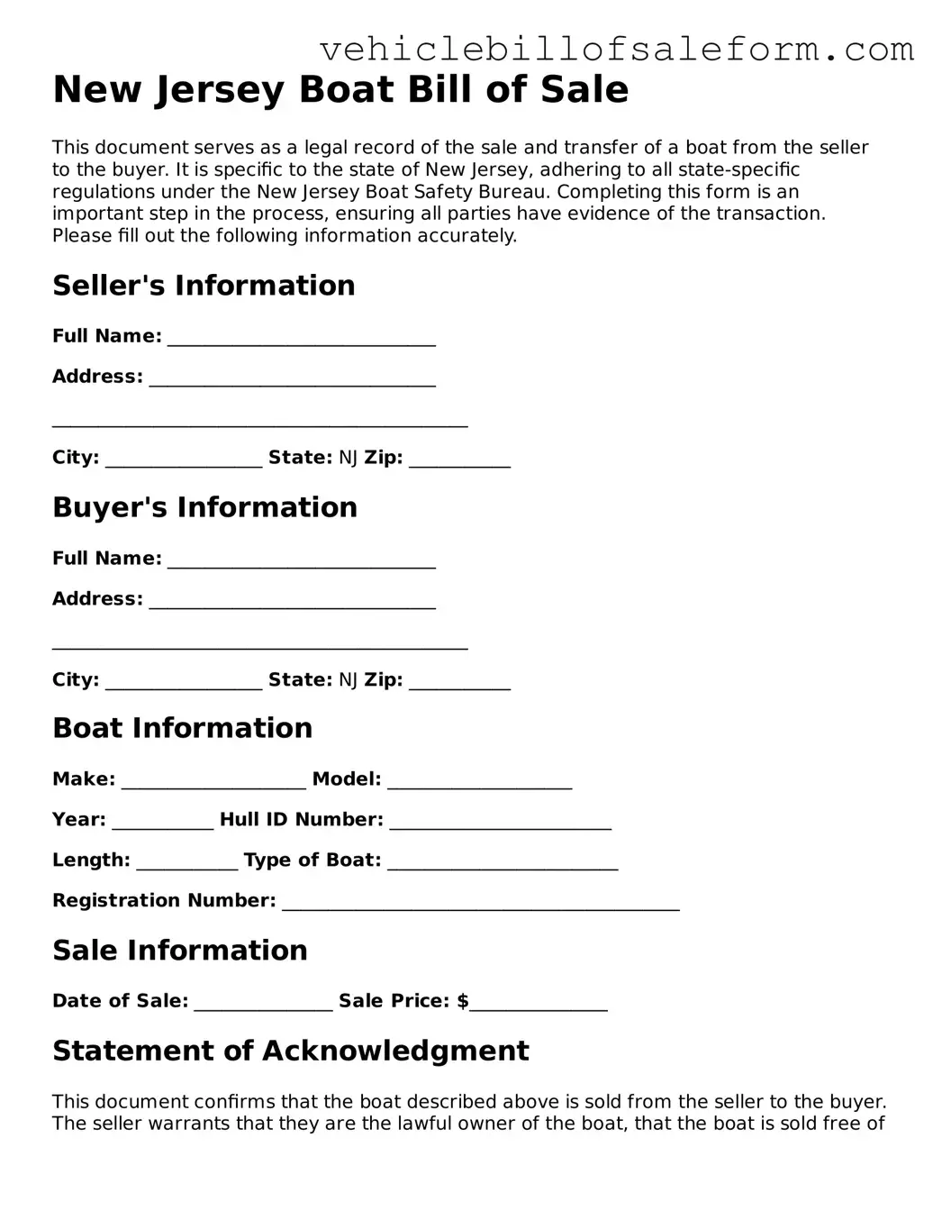 Printable  Boat Bill of Sale Template for New Jersey