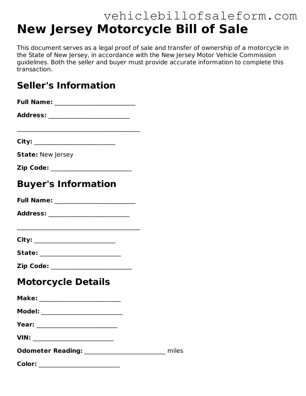 Printable  Motorcycle Bill of Sale Template for New Jersey