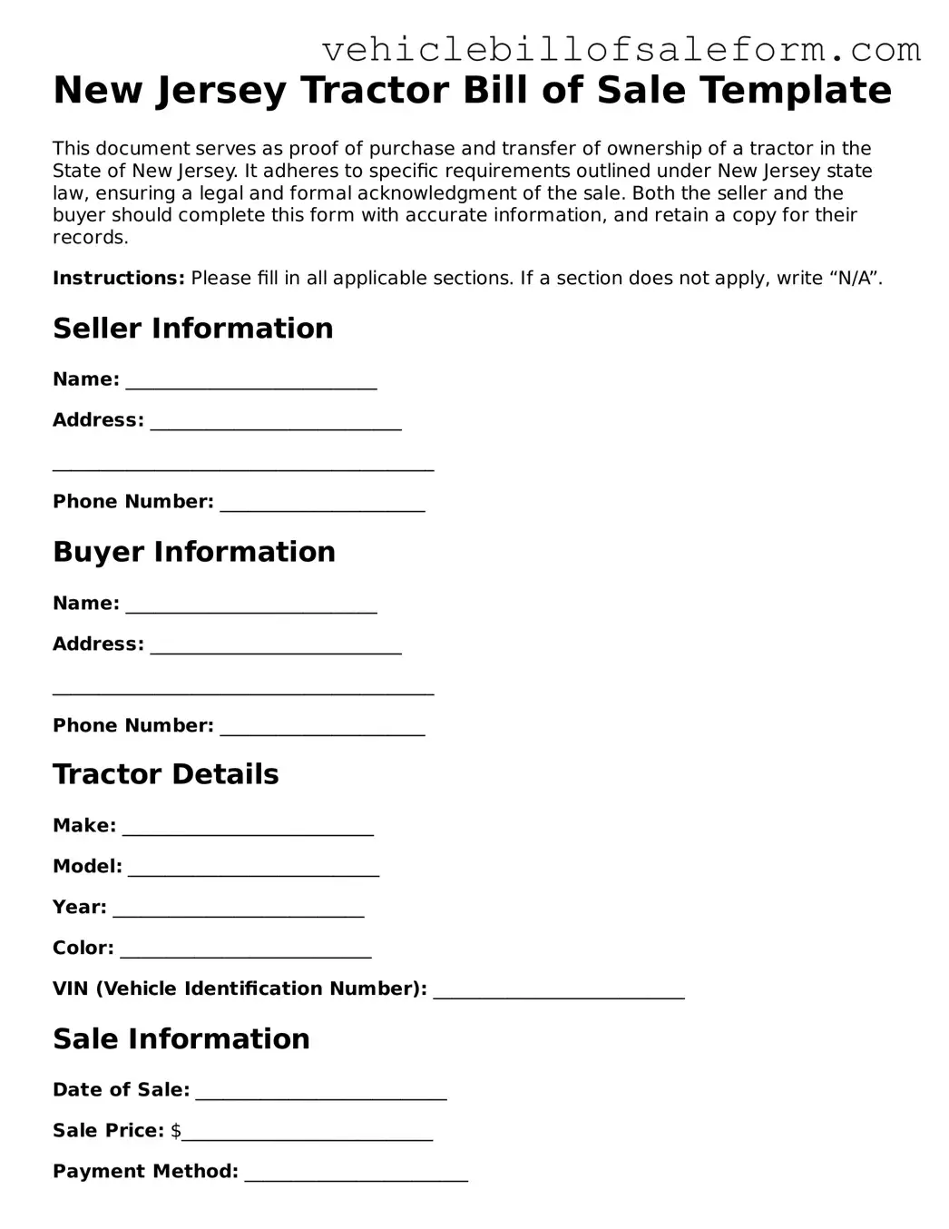 Printable  Tractor Bill of Sale Template for New Jersey