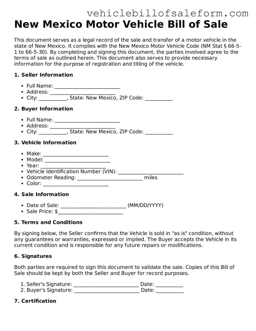 Printable  Motor Vehicle Bill of Sale Template for New Mexico