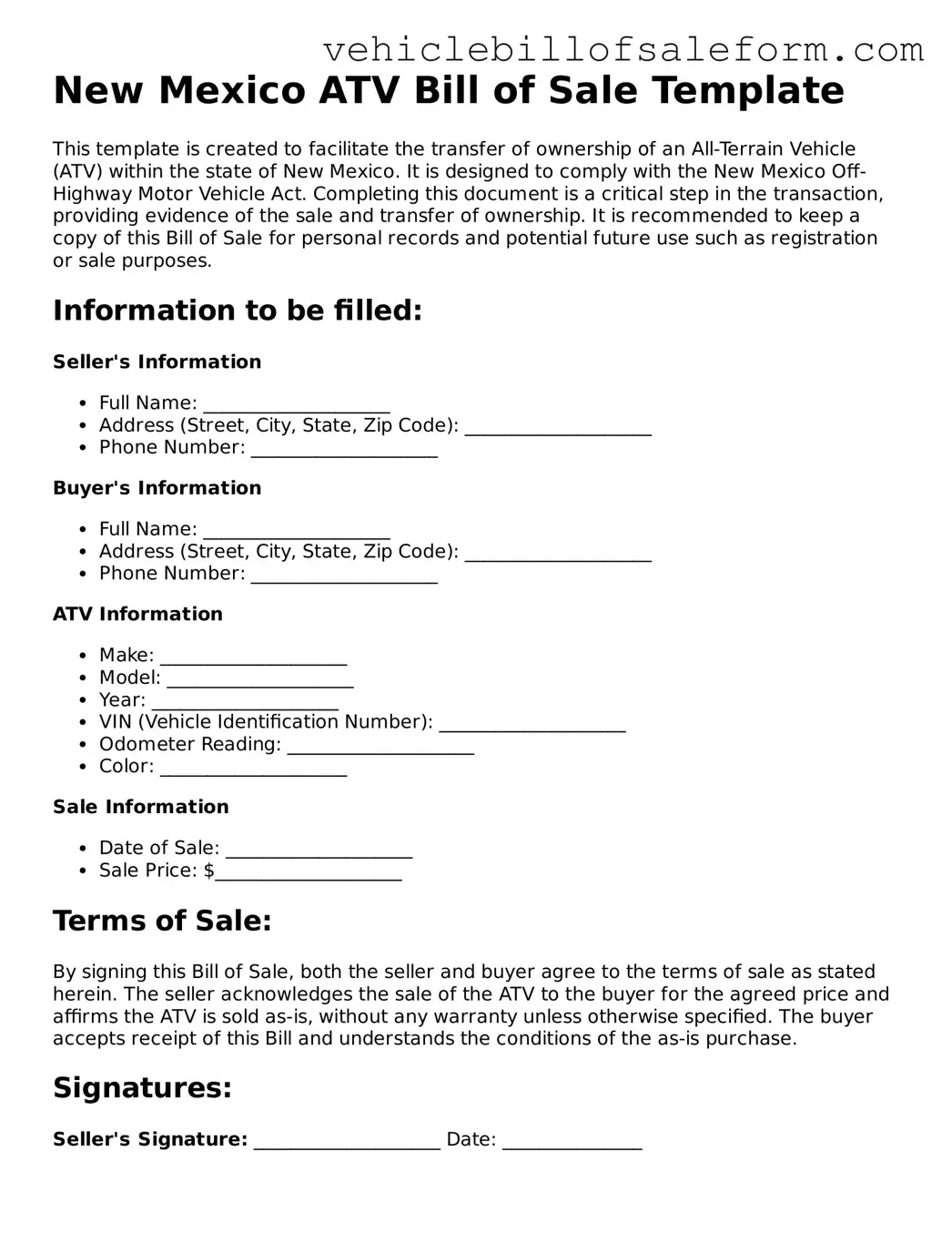 Printable  ATV Bill of Sale Template for New Mexico
