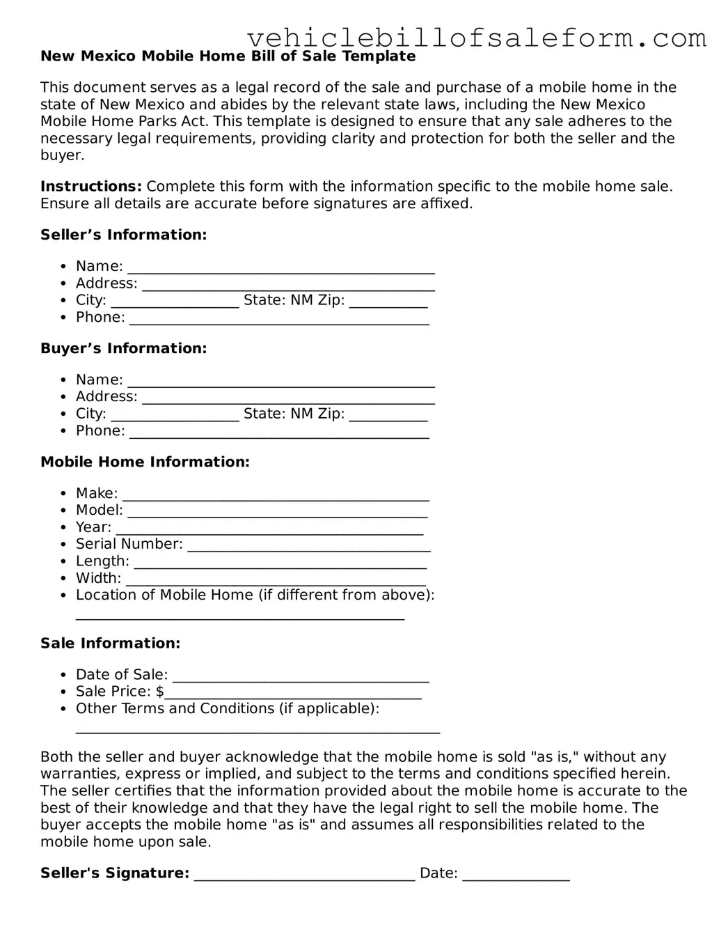 Printable  Mobile Home Bill of Sale Template for New Mexico