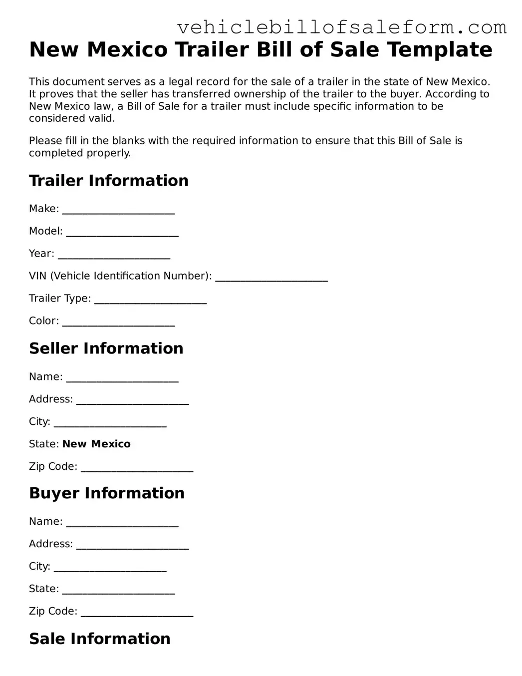 Printable  Trailer Bill of Sale Template for New Mexico