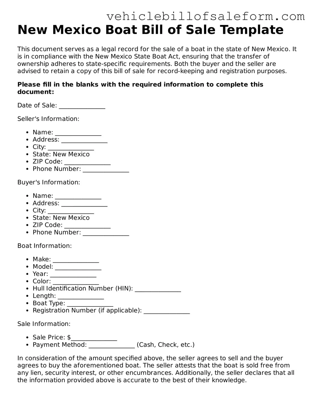 Printable  Boat Bill of Sale Template for New Mexico