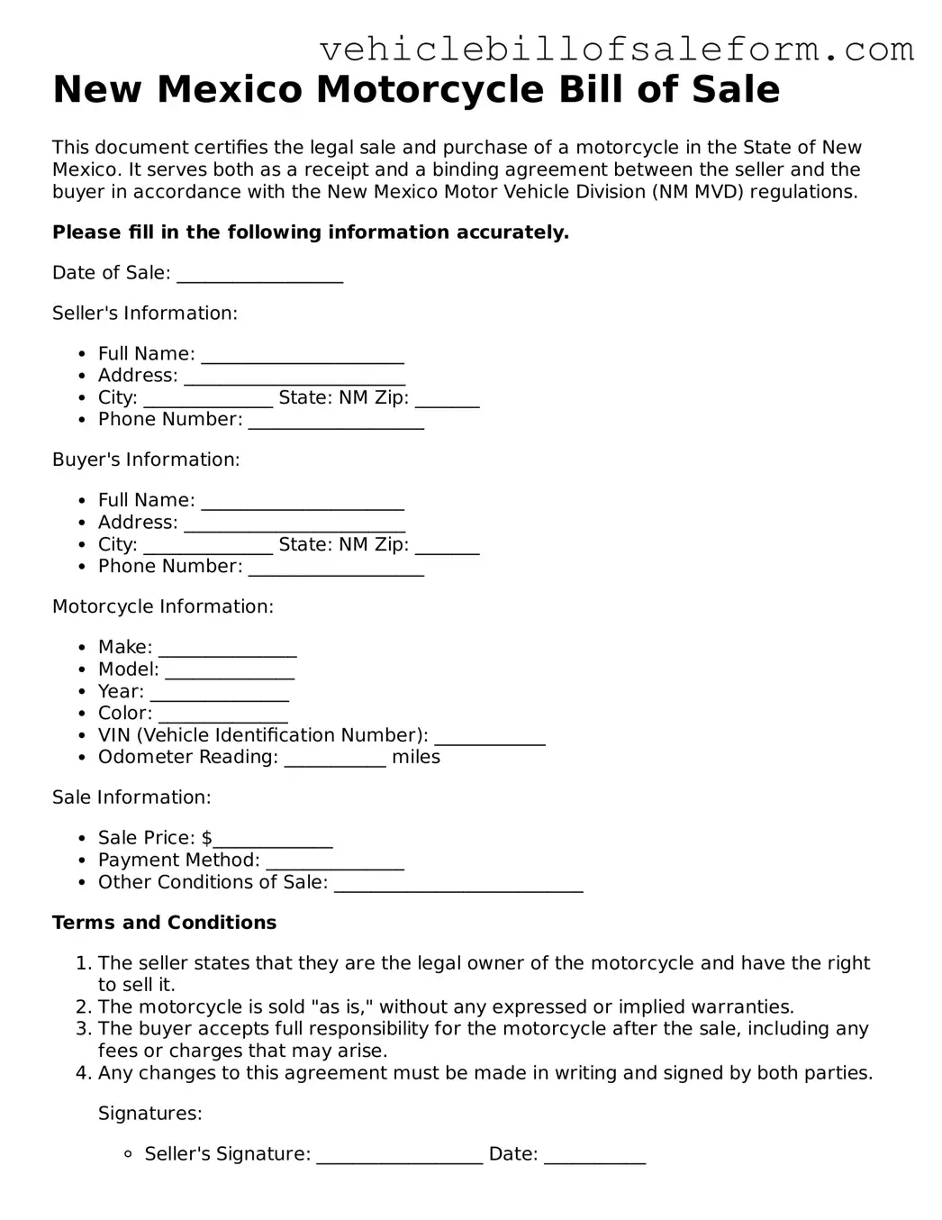 Printable  Motorcycle Bill of Sale Template for New Mexico