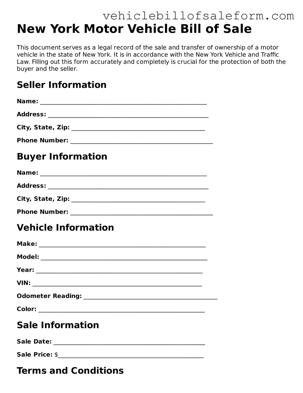 Printable  Motor Vehicle Bill of Sale Template for New York