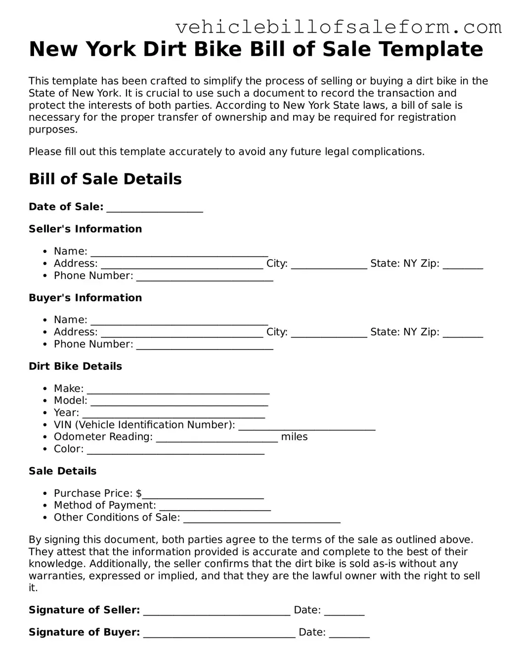 Printable  Dirt Bike Bill of Sale Template for New York