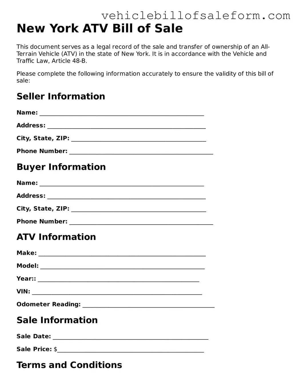 Printable  ATV Bill of Sale Template for New York