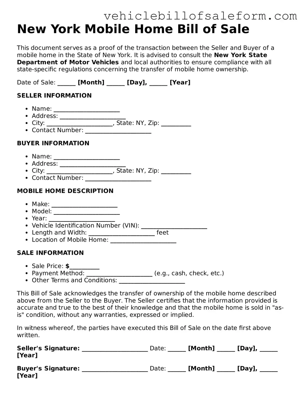 Printable  Mobile Home Bill of Sale Template for New York