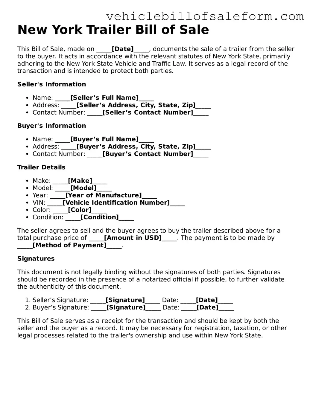Printable  Trailer Bill of Sale Template for New York