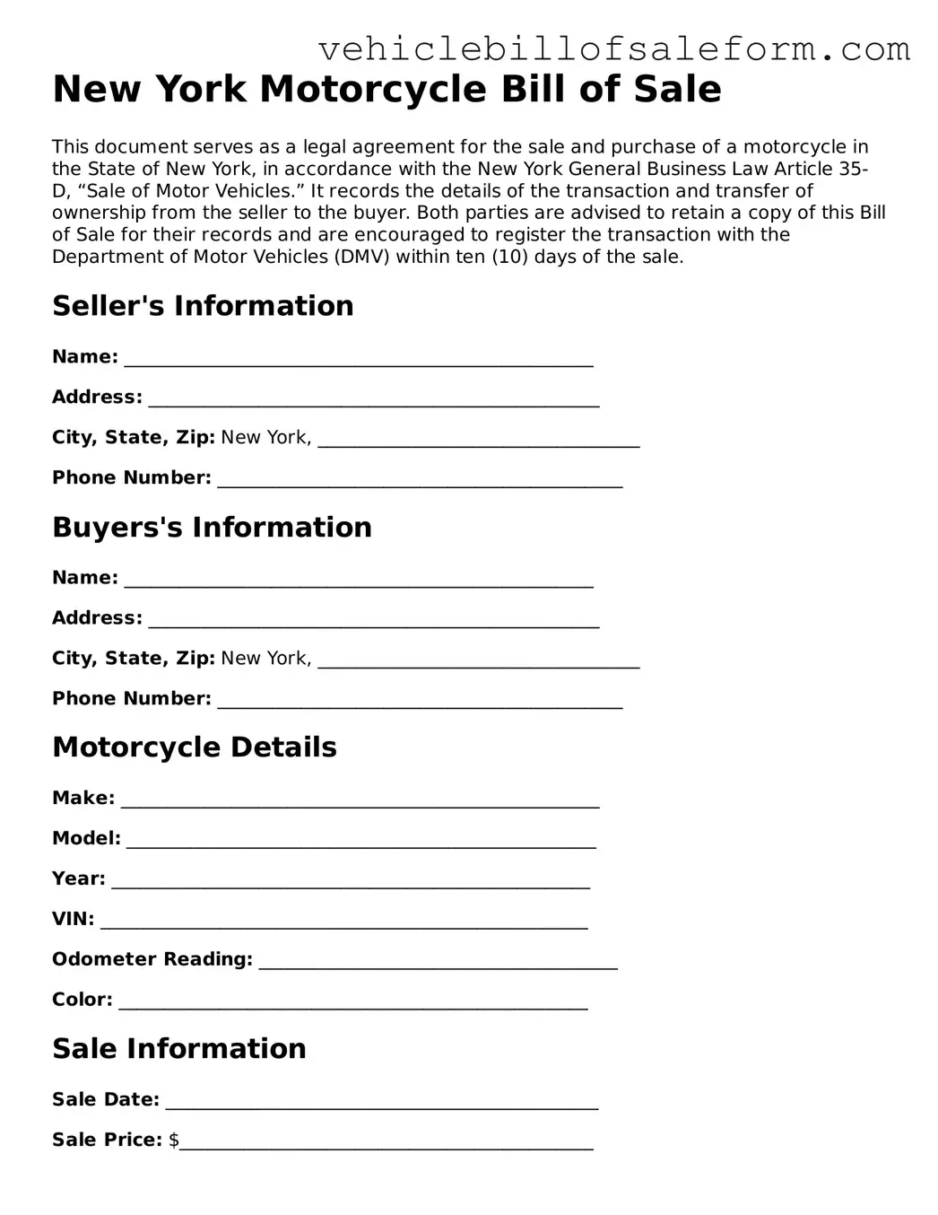 Printable  Motorcycle Bill of Sale Template for New York