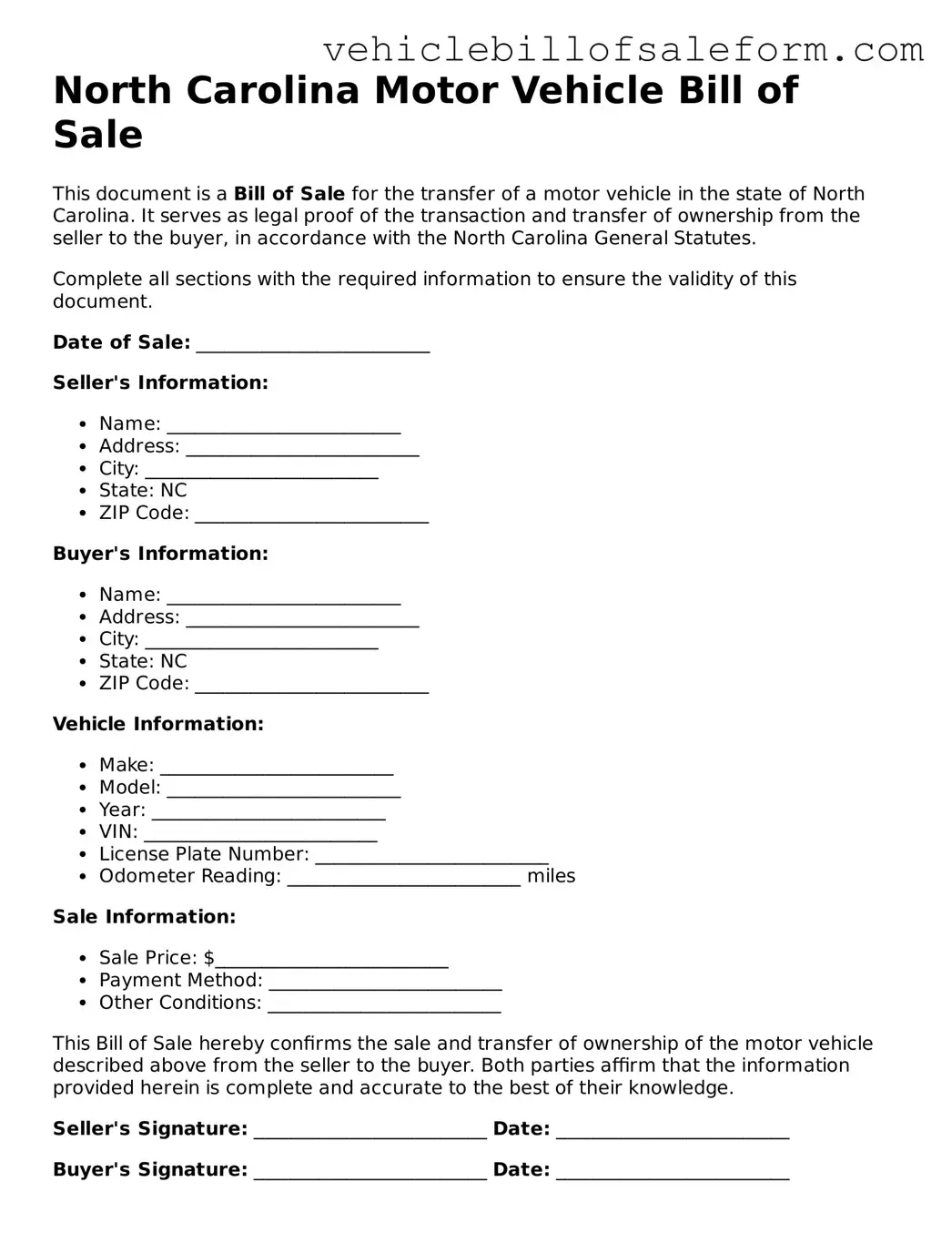 Printable  Motor Vehicle Bill of Sale Template for North Carolina