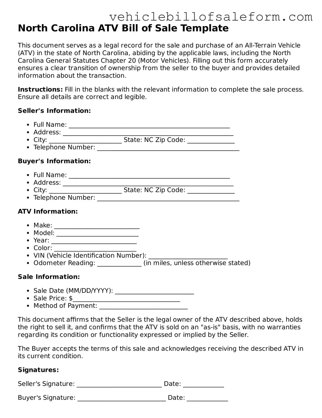 Printable  ATV Bill of Sale Template for North Carolina