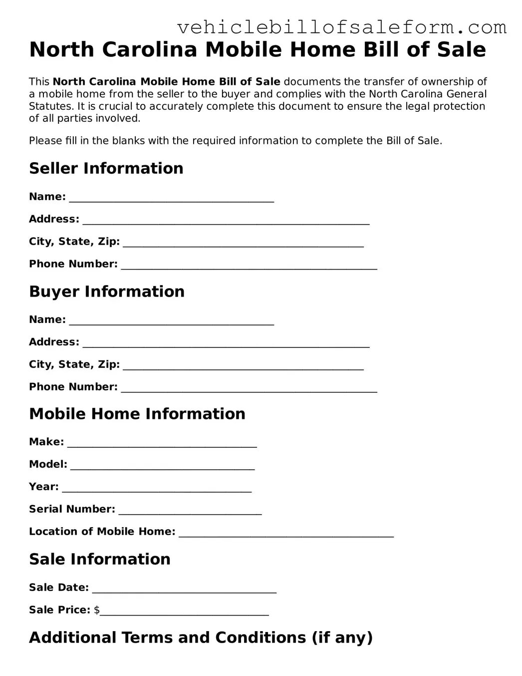 Printable  Mobile Home Bill of Sale Template for North Carolina