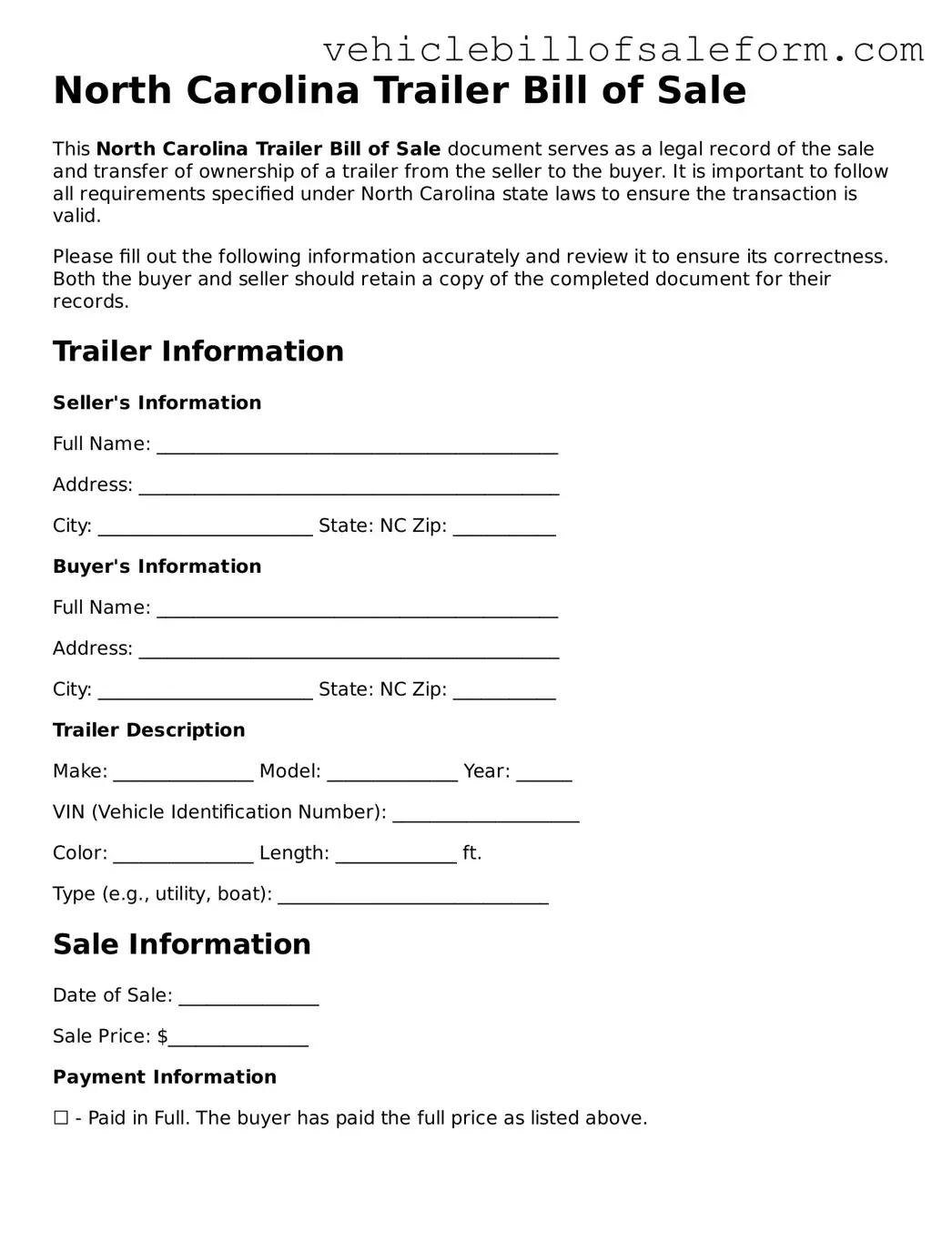 Printable  Trailer Bill of Sale Template for North Carolina