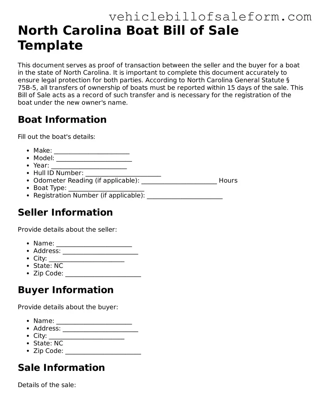 Printable  Boat Bill of Sale Template for North Carolina