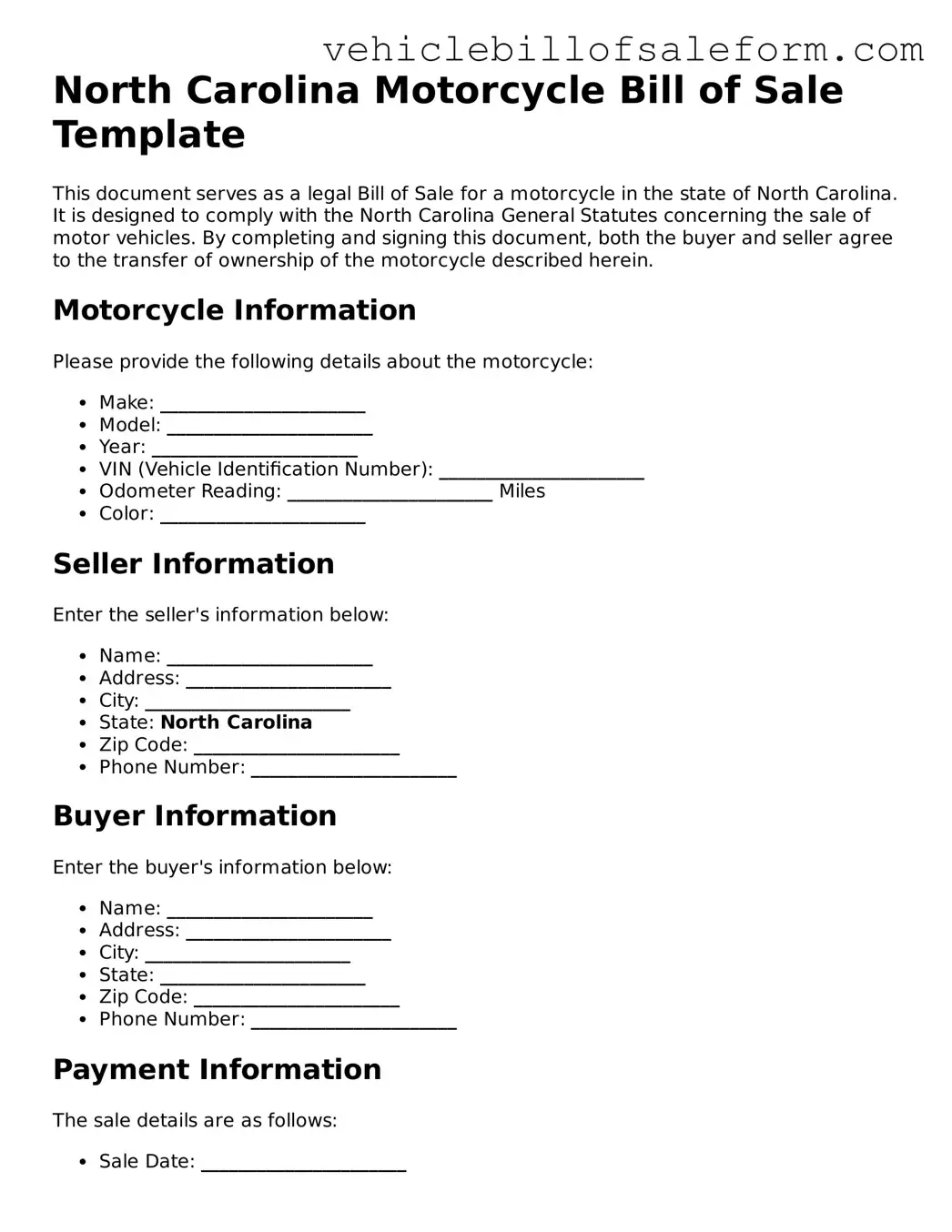 Printable  Motorcycle Bill of Sale Template for North Carolina