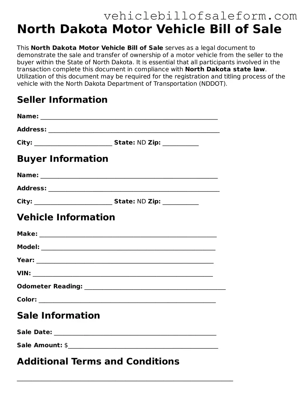 Printable  Motor Vehicle Bill of Sale Template for North Dakota