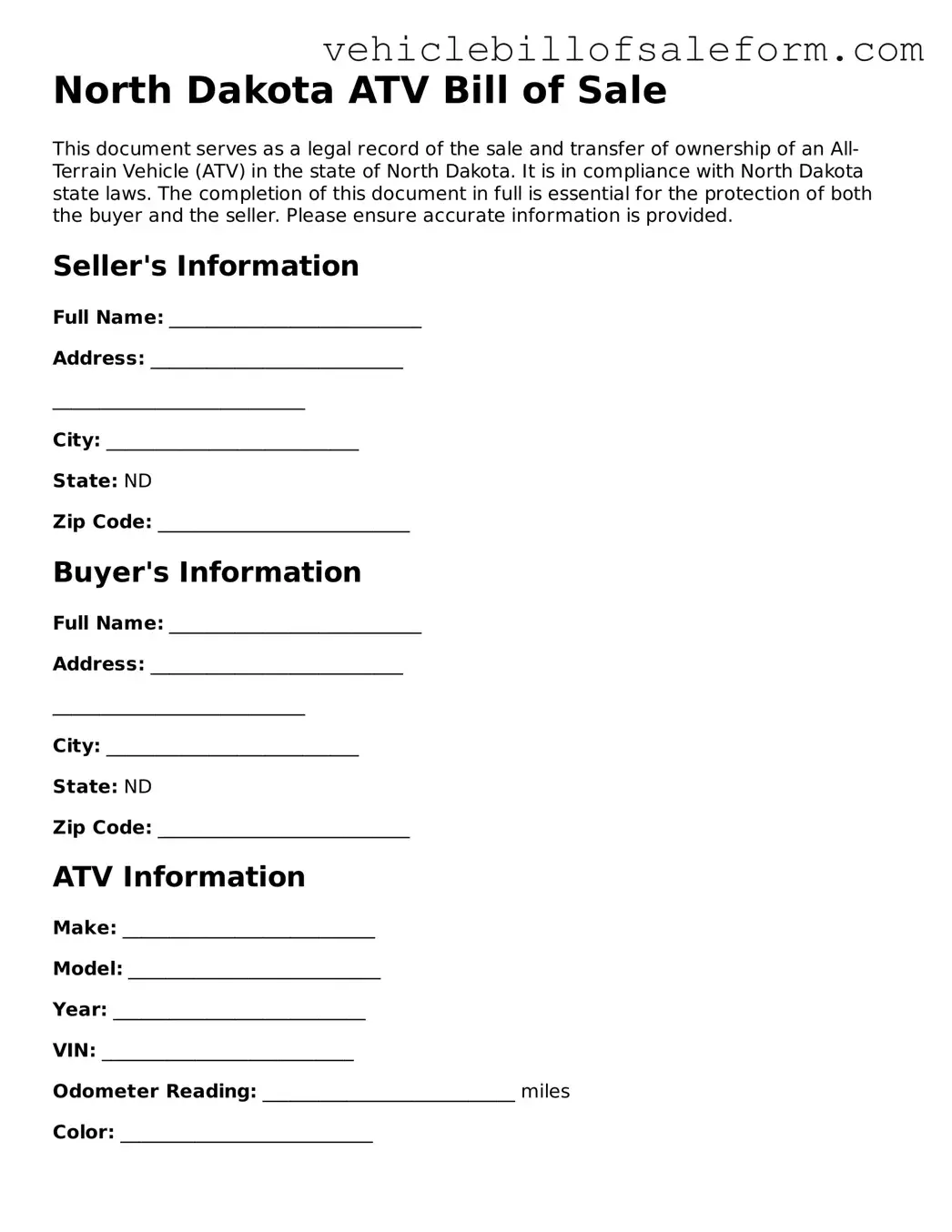 Printable  ATV Bill of Sale Template for North Dakota