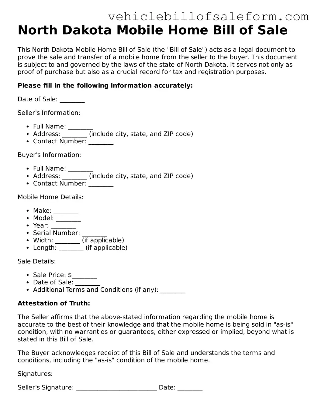 Printable  Mobile Home Bill of Sale Template for North Dakota