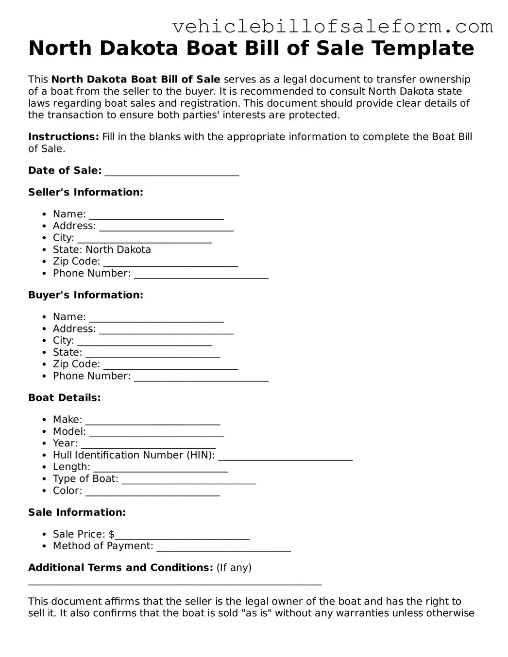 Printable  Boat Bill of Sale Template for North Dakota