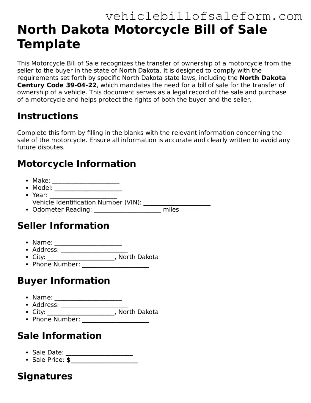 Printable  Motorcycle Bill of Sale Template for North Dakota