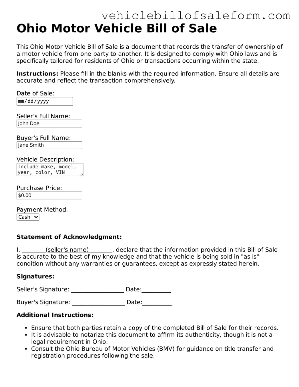 Printable  Motor Vehicle Bill of Sale Template for Ohio