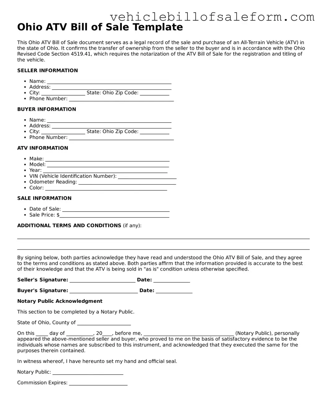Printable  ATV Bill of Sale Template for Ohio