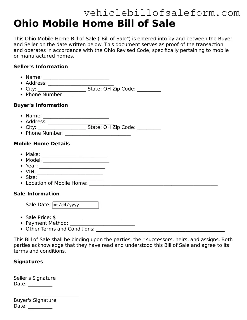 Printable  Mobile Home Bill of Sale Template for Ohio