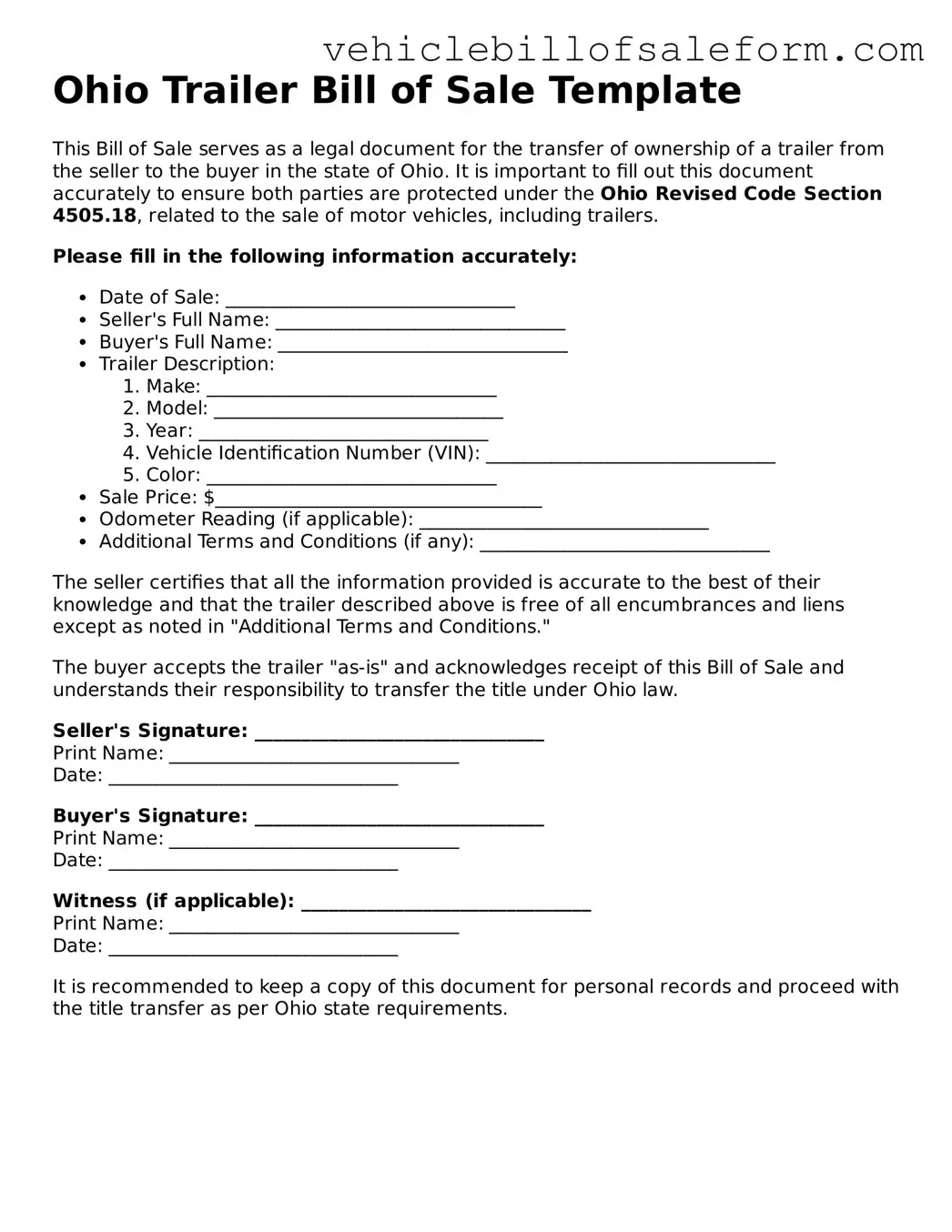 Printable  Trailer Bill of Sale Template for Ohio
