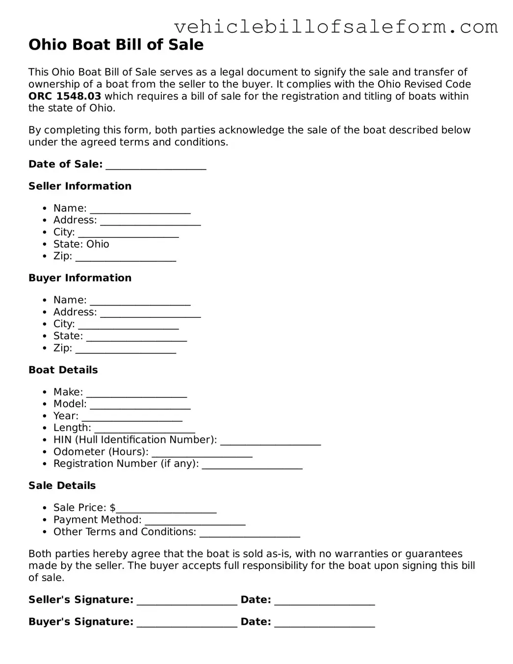 Printable  Boat Bill of Sale Template for Ohio