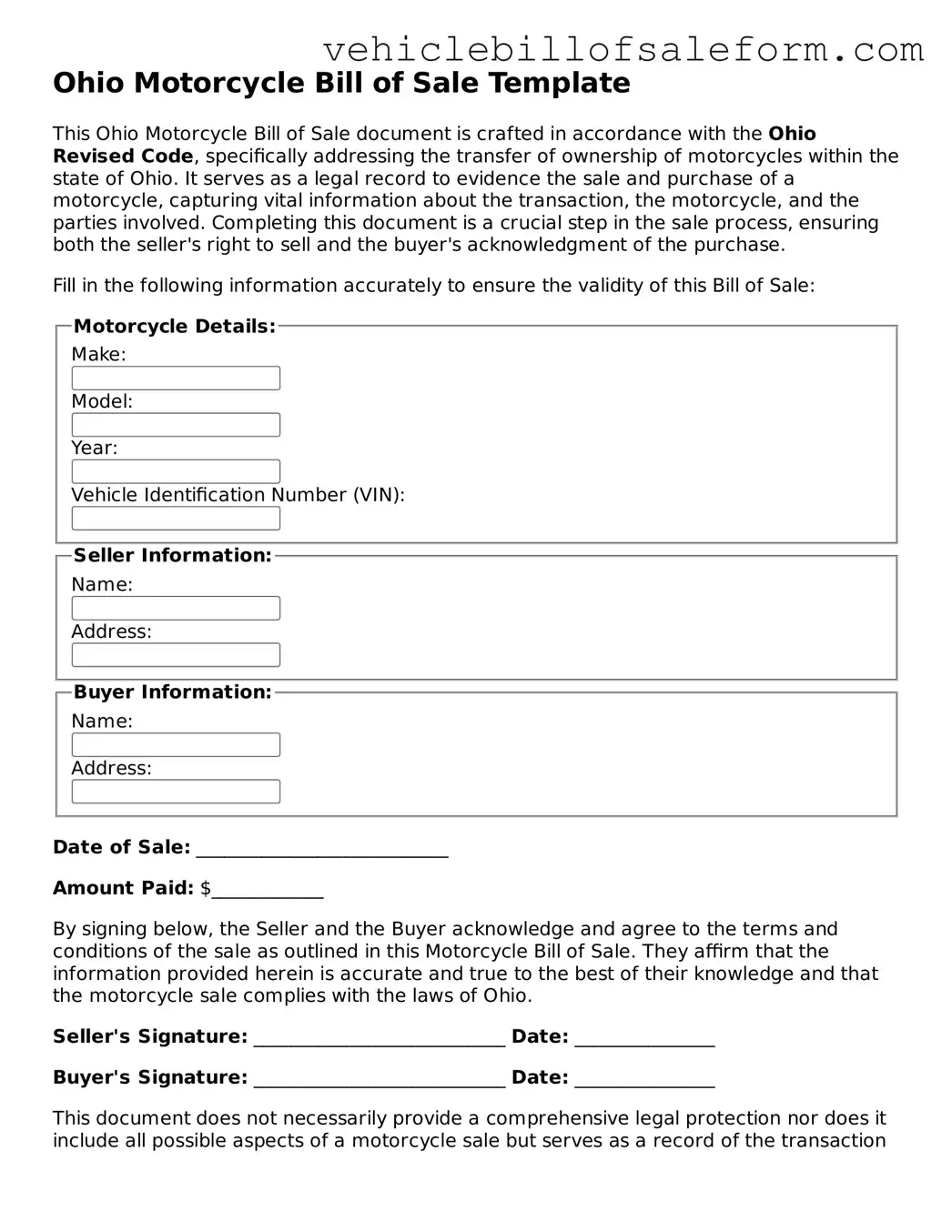 Printable  Motorcycle Bill of Sale Template for Ohio