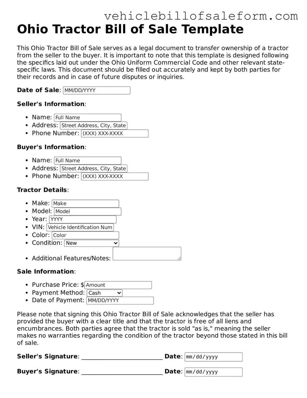 Printable  Tractor Bill of Sale Template for Ohio