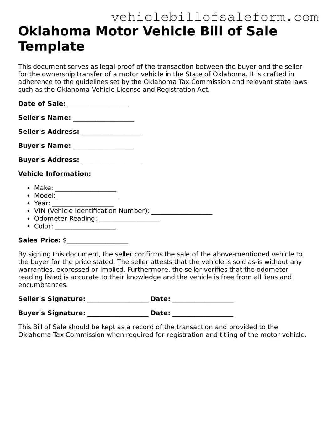 Printable  Motor Vehicle Bill of Sale Template for Oklahoma